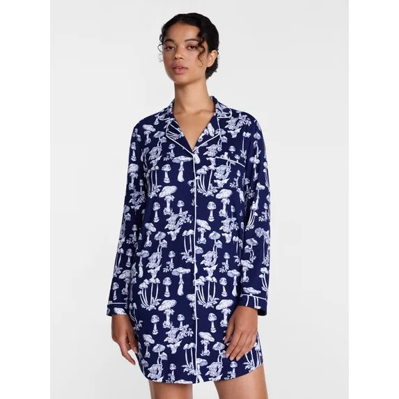 Joyspun Women's Dreamy Soft Collection Notch Collar Sleepshirt with Long Sleeves, Sizes XS-3X | Walmart (US)