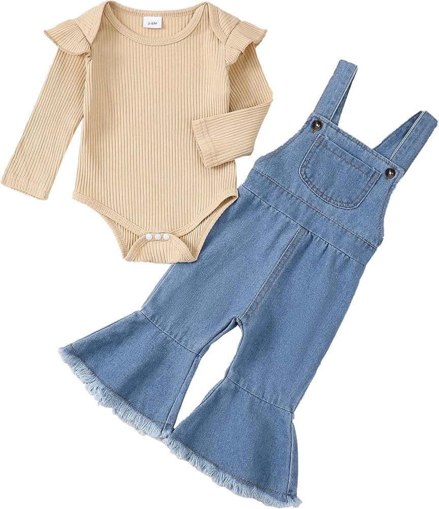 SUNNY PIGGY Baby Girl Newborn Clothes Infant Toddler Outfits Flare Jeans Overall Pant Set Fall Wi... | Amazon (US)