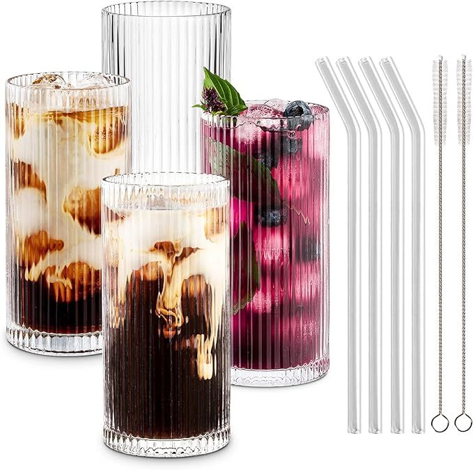 Combler Glass Cups with Straws, Drinking Glasses 12.5oz, Ribbed Glassware Set of 4, Iced Coffee C... | Amazon (US)