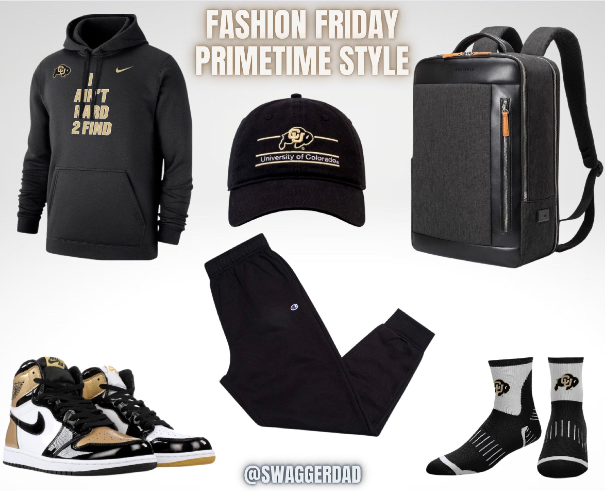 Fashion Friday Colorado Football Team Style! Black hoodie, Black hat, Black Backpack, Black and Gold Nike Dunks Black Champion Sweat and Colorado Socks 

#LTKSale #LTKU #LTKSeasonal