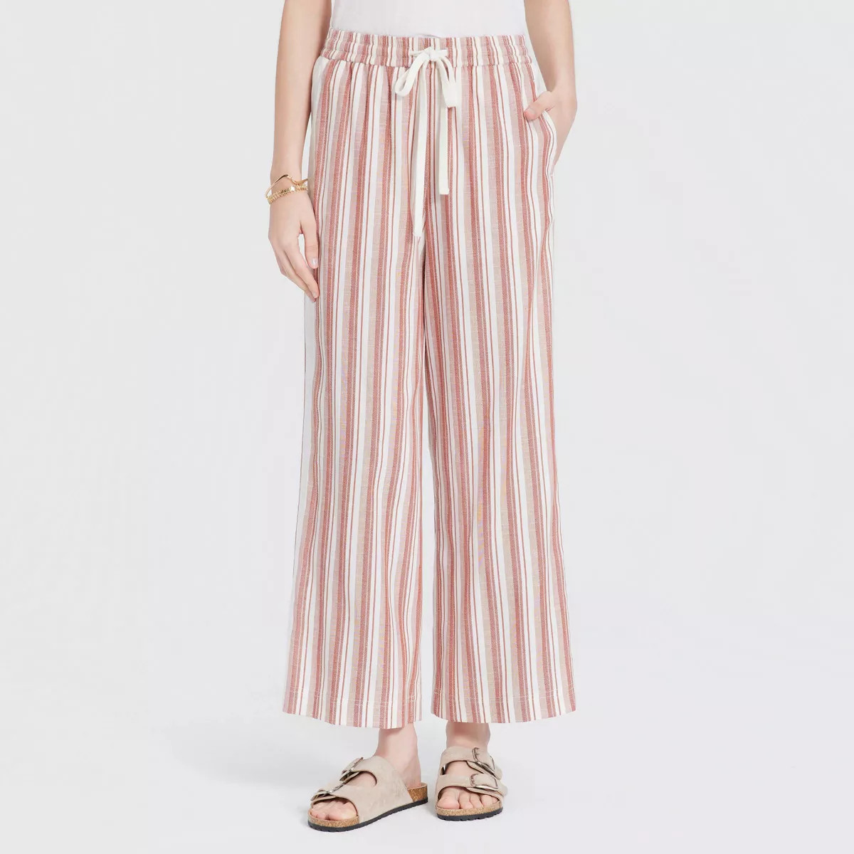 Women's Mid-Rise Elastic Waist Wide Leg Pants - Universal Thread™ Terracotta/White Striped XS | Target