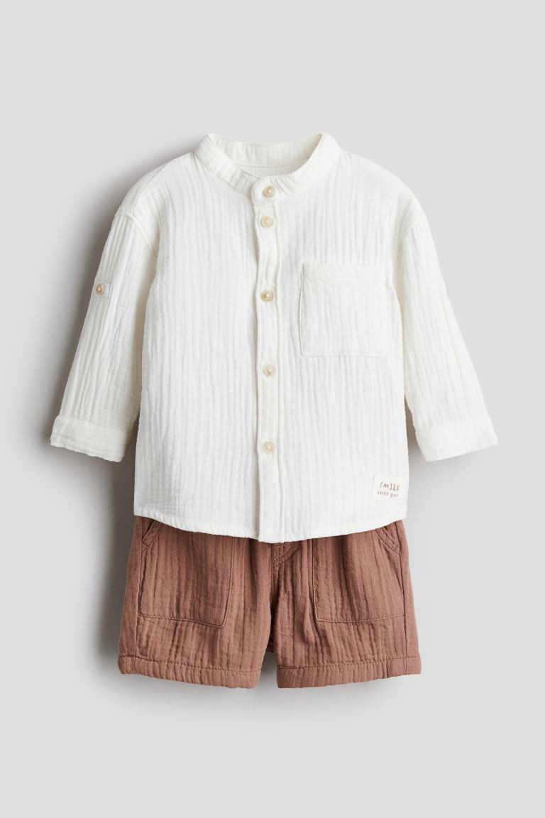 Zweiteiler aus Baumwollmusselin - Normale Bundhöhe - Langarm - Braun/Weiß - Kids | H&M DE | H&M (DE, AT, CH, NL, FI)