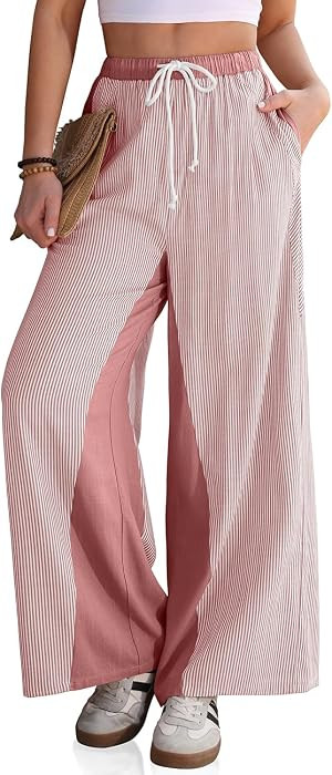 TARSE Women\u2019s Linen Striped Wide Leg Pants with Pockets | Amazon (US)