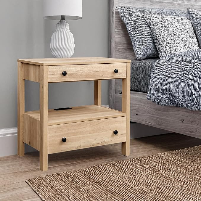 MINCETA Nightstand with Charging Station, Modern 2 Drawer Wooden Bedroom Storage End Table with O... | Amazon (US)