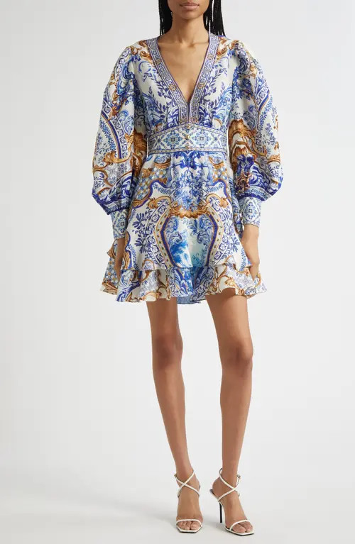 Camilla Button Front Frill Long Sleeve Linen & Silk Minidress in Azul Adventures at Nordstrom, Size Small | Nordstrom