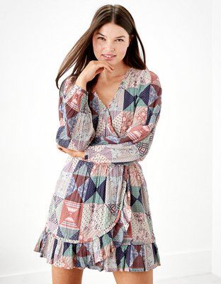 AE Printed Long Sleeve Wrap Dress | American Eagle Outfitters (US & CA)