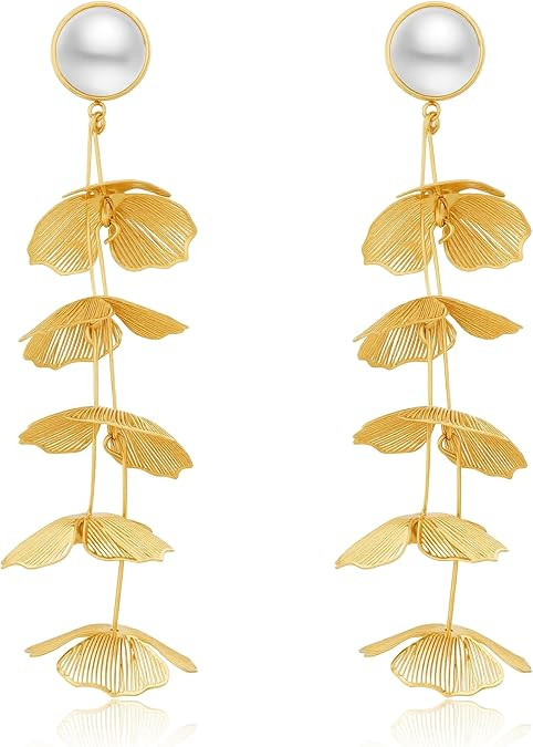 Kaleido Fashion Pearl Drop Earrings for Women, 18K Gold Plated Large Floral Botanical Dangle Earr... | Amazon (US)