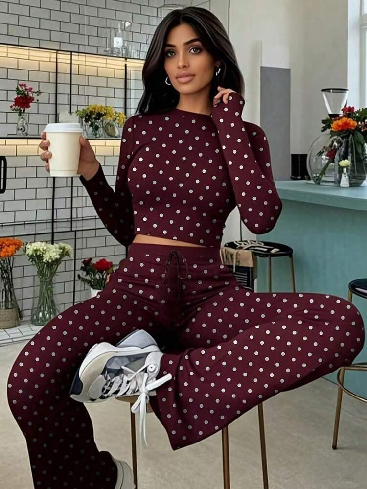 Spring Polka Dot Print Long Sleeve Top And Pants Set, Casual Fashion | SHEIN