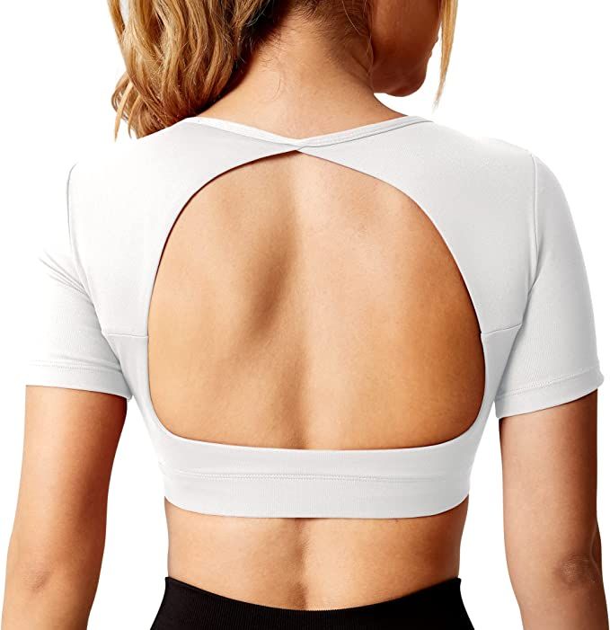 YEOREO Ultimate Crop Tops for Women Open Back Short Sleeve Top Backless Tops Padded Workout T Shi... | Amazon (US)