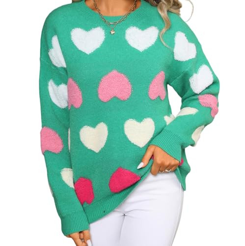 Women Cute Valentine Sweaters Heart Print Knitted Romantic Sweatshirt Casual Crewneck Long Sleeve Pullover Tops (Colorful Green, XL) | Amazon (US)