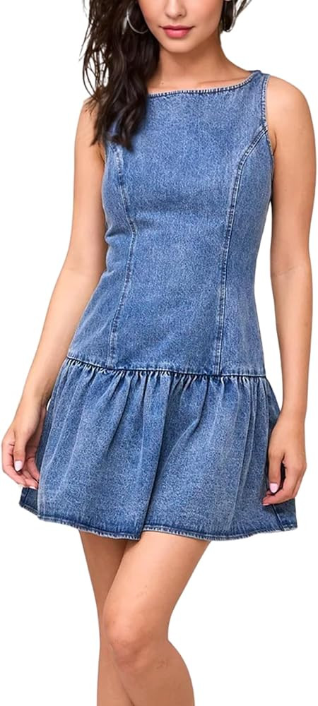 Omoone Women's Sleeveless Bodycon Mini Denim Dress Boat Neck Stretchy Flare Jean Dresses | Amazon (US)
