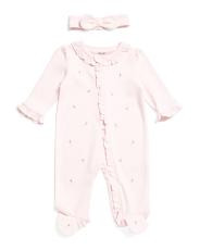 Newborn Girls Floral Embroidered  Footed Coveralls With Headband | TJ Maxx