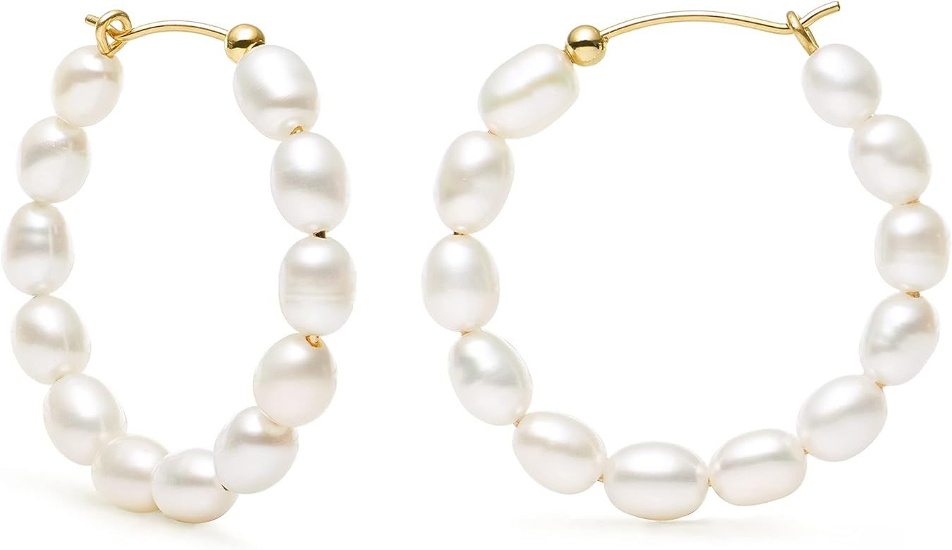Pearl Hoop Earrings for Women 14K Gold Filled White Small Freshwater Cultured Real Pearl Hoop Earrin | Amazon (US)