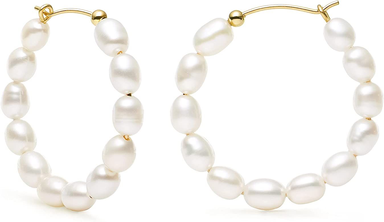Amazon.com: Pearl Hoop Earrings for Women 14K Gold Filled White Small Freshwater Cultured Real Pe... | Amazon (US)