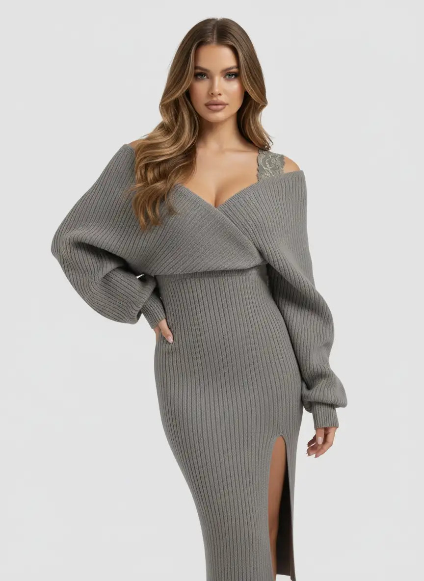 Knit Off-Shoulder Wrap Lace Split Midi Dress | Cider