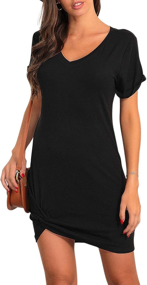 Women's Casual Dresses T Shirt Dress Cute Mini Dress Tie Knot Fitted Summer Dresses Twist V Neck ... | Amazon (US)