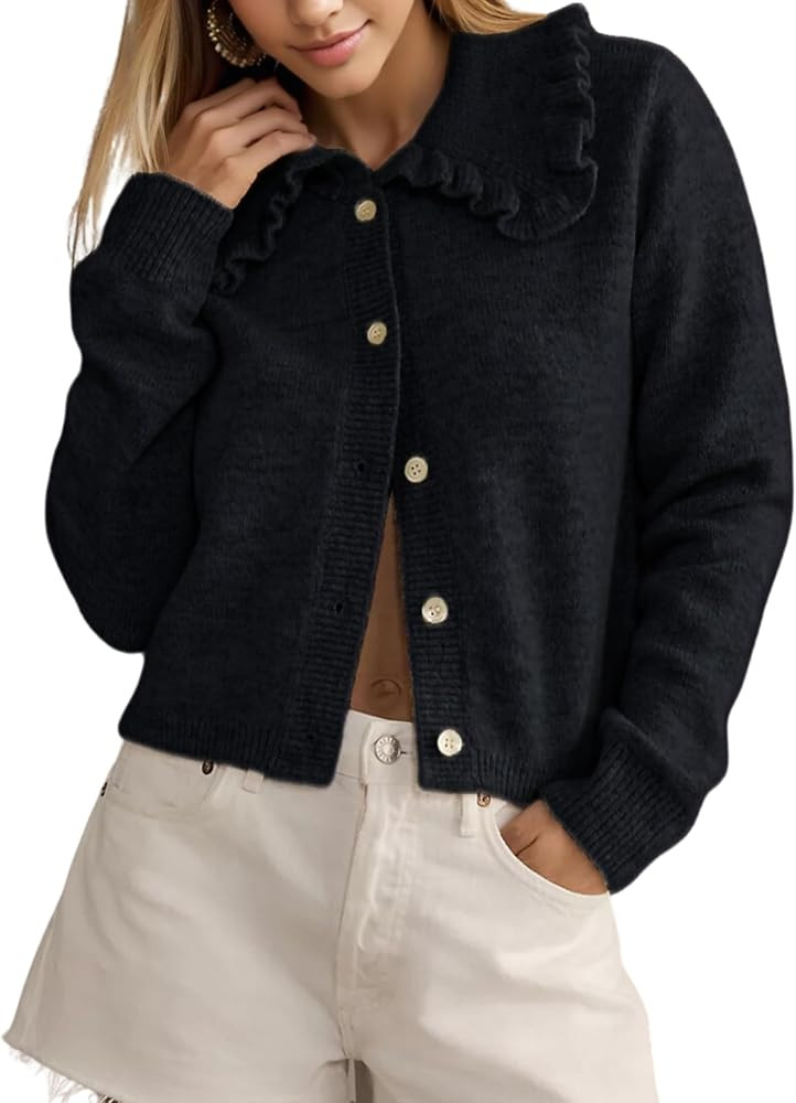 InterNos Womens Y2k Ruffled Collar Cardigan Sweaters Classic Button Down Long Sleeves Fall Sweate... | Amazon (US)