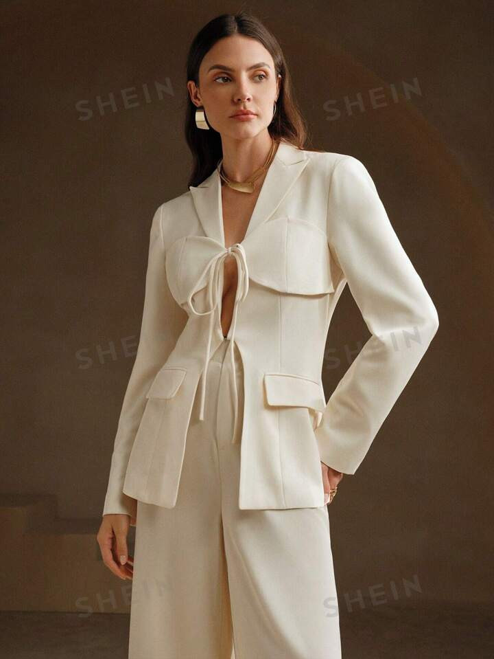 Anewsta Single-Breasted Hollow Out Design Solid Color Blazer With Tie Front | SHEIN USA | SHEIN
