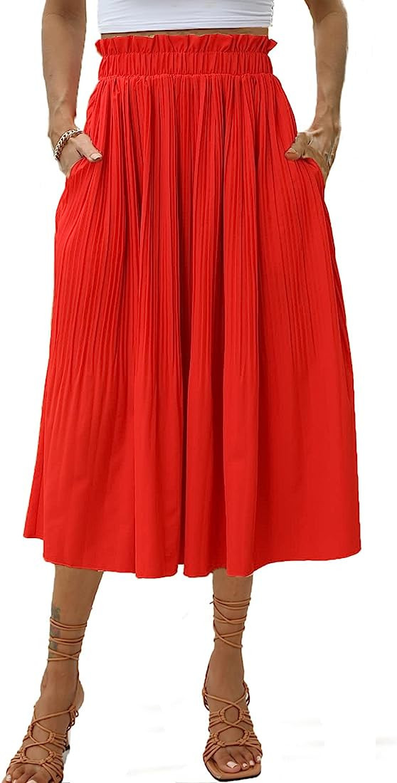 Naggoo Women's Skirts High Elastic Waisted Casual Summer Skirt Pleated Floral/Solid Midi Skirts w... | Amazon (US)