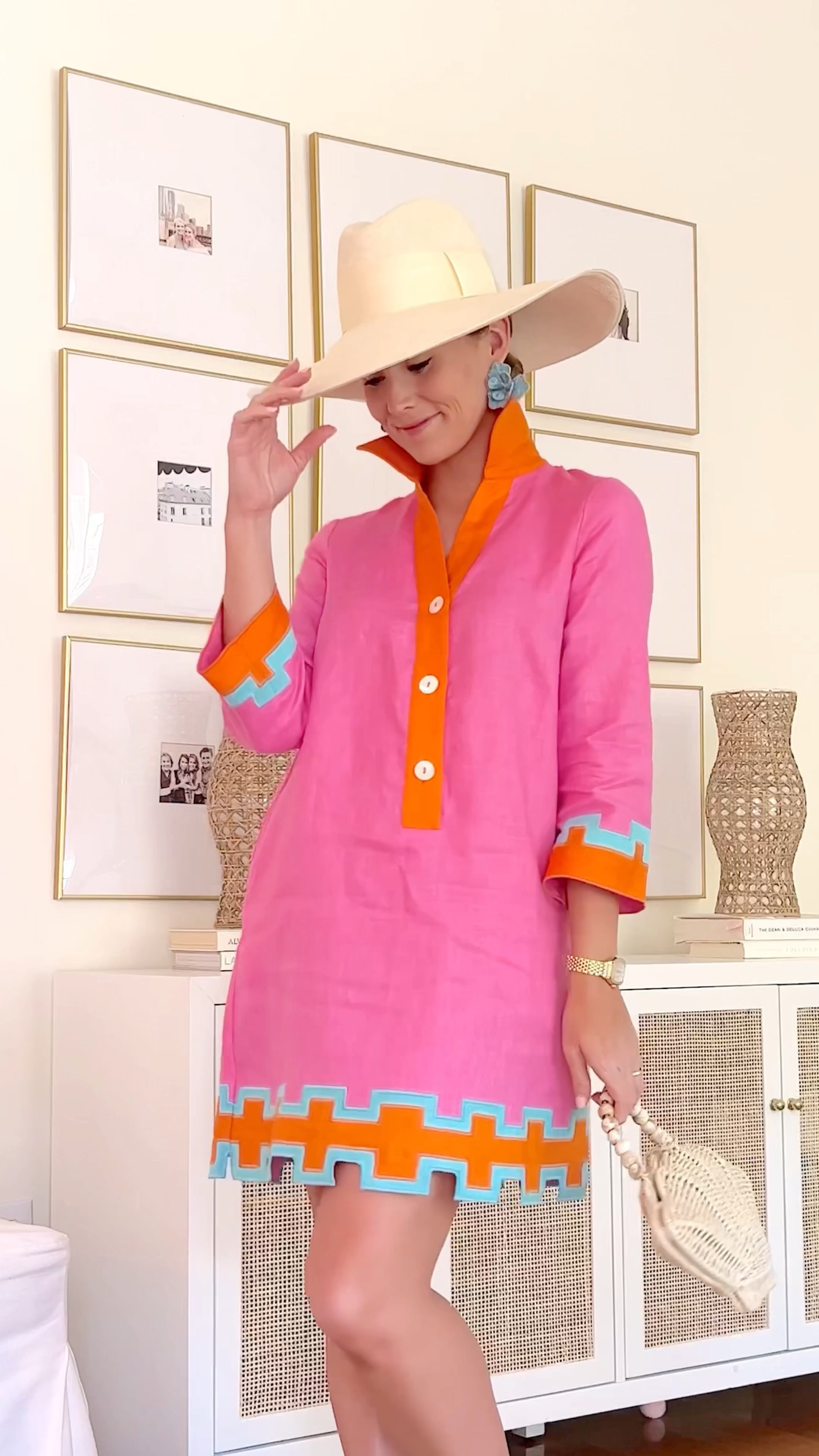 The Tuckernuck x Blaire Eadie collab is LIVE and I couldn’t be more in love!!! Sized down one size in this dress. (Wearing an XXS and am 5’2”)

Hat is Artesano!