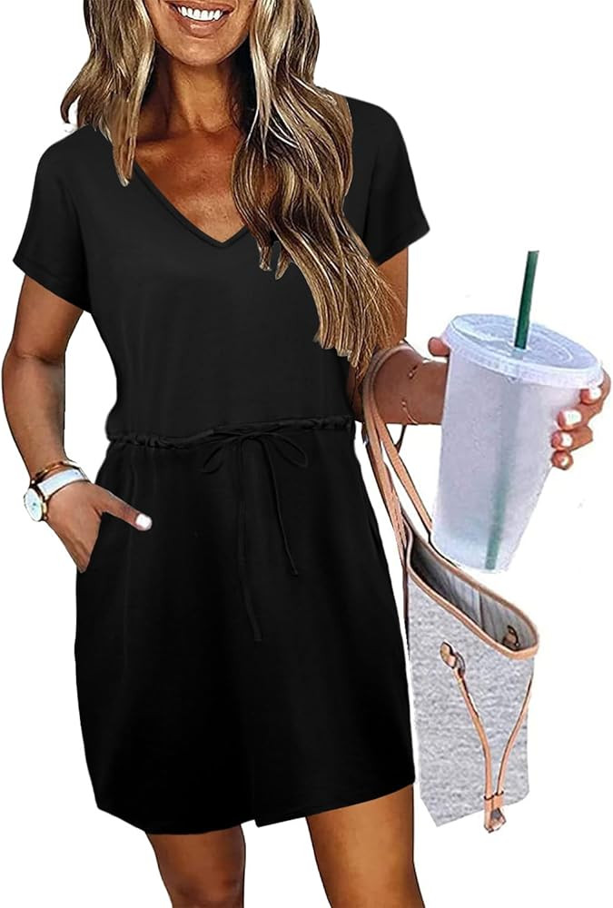 Womens Summer Dresses 2025 Casual Tie Front Short Sleeve A Line Midi Shirt Dress Beach Vacation C... | Amazon (US)