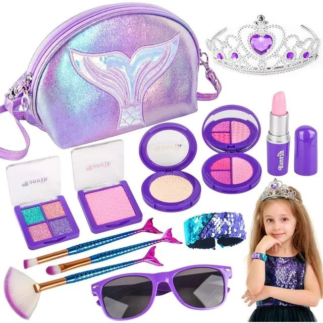 Mermaid Makeup Kit for Girl Pretend Play Toddler Toy Birthday Gift with Princess Crown Girl Purse | Walmart (US)