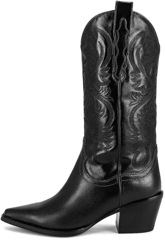 Mattiventon Cowgirl Boots for Women Vintage Embroidery Cowboy Boots Pull on Mid Calf Western Boots | Amazon (US)