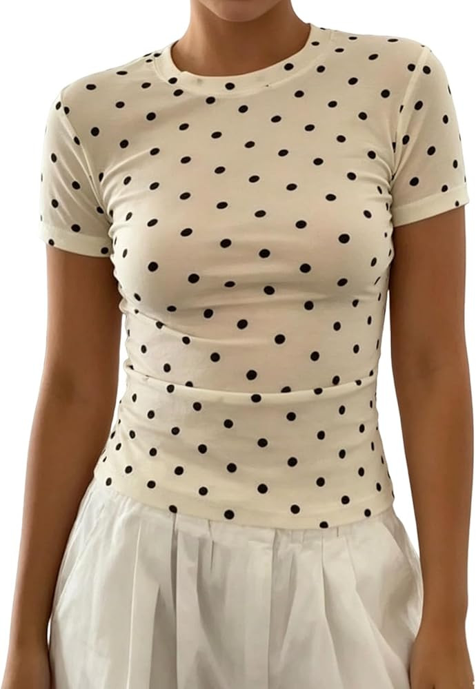Naileksi Women Polka Dot Sheer Mesh Top Short Sleeve Crew Neck Slim Fit Causal See Through Mesh T... | Amazon (US)