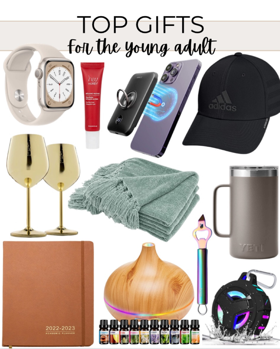 Gifts for the young adult include magnetic phone charger, adidas hat, travel coffee mug, cozy blanket, waterproof travel Bluetooth speaker, bottle opener, essential oils diffuser, journal planner, gold wine glasses, smart watch, and lip scrub.

Young adult gifts, college age gifts, gifts for the young adult, gifts for him, gifts for her, gift guide, Christmas gifts 

#LTKunder100 #LTKmens #LTKGiftGuide