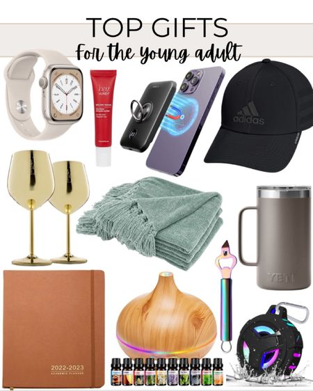 Gifts for the young adult include magnetic phone charger, adidas hat, travel coffee mug, cozy blanket, waterproof travel Bluetooth speaker, bottle opener, essential oils diffuser, journal planner, gold wine glasses, smart watch, and lip scrub.

Young adult gifts, college age gifts, gifts for the young adult, gifts for him, gifts for her, gift guide, Christmas gifts 

#LTKunder100 #LTKmens #LTKGiftGuide
