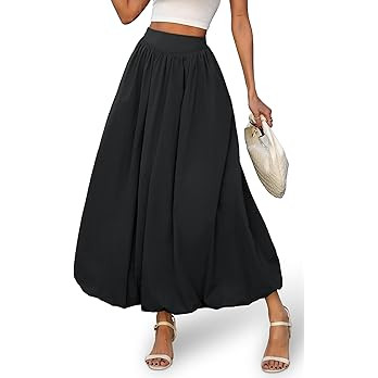 ELLEVEN Women's Bubble Maxi Skirt, Elastic Waist Puffy Hem A-Line Skirt with Pockets | Amazon (US)