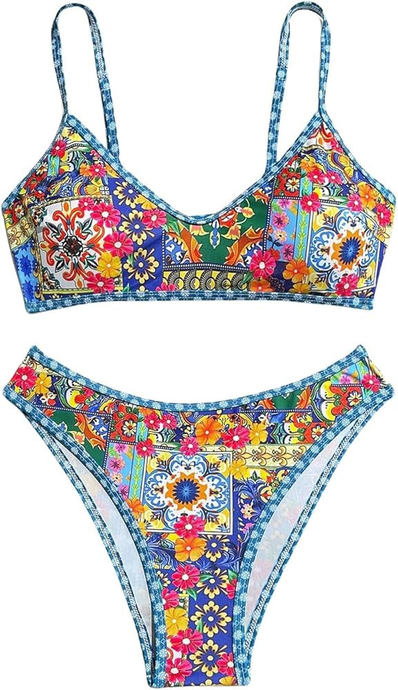 Women's 2 Piece Floral Boho High Cut Bikini Sets Wireless Swimsuit Bathing Suit | Amazon (US)