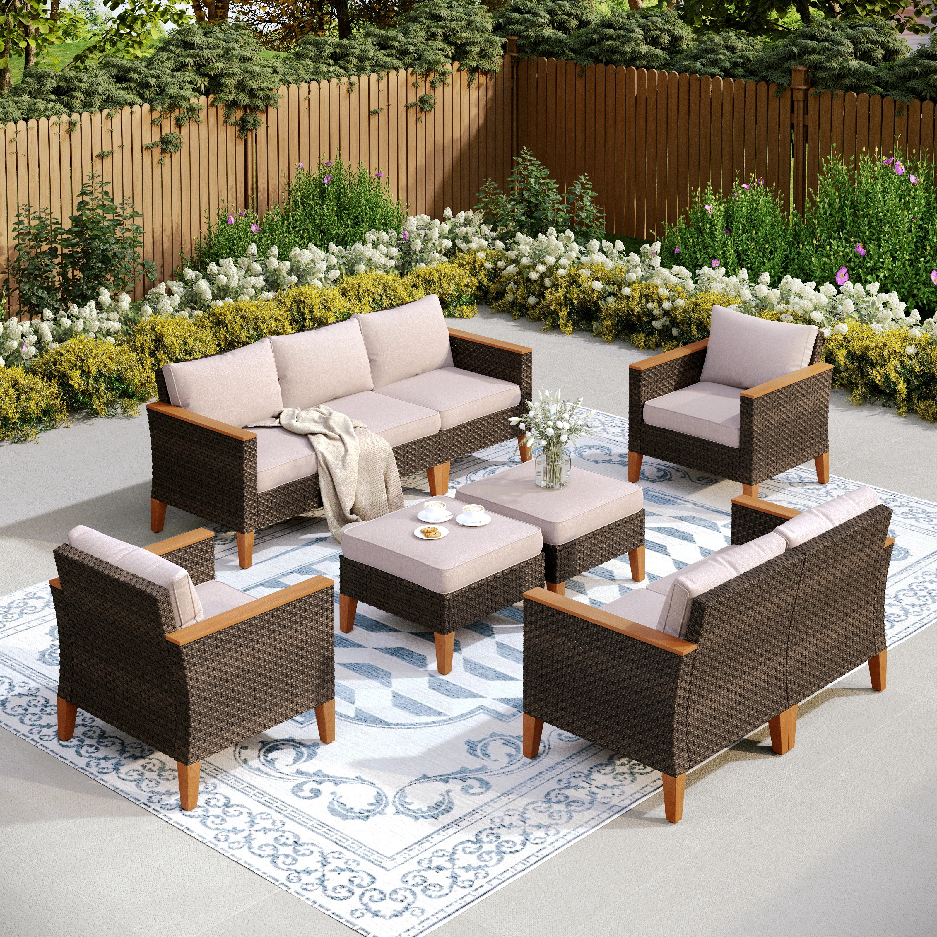Argyri 9-Piece Wicker Outdoor Patio Conversation Furniture Sectional Set with Fire Pit Table | Wayfair North America