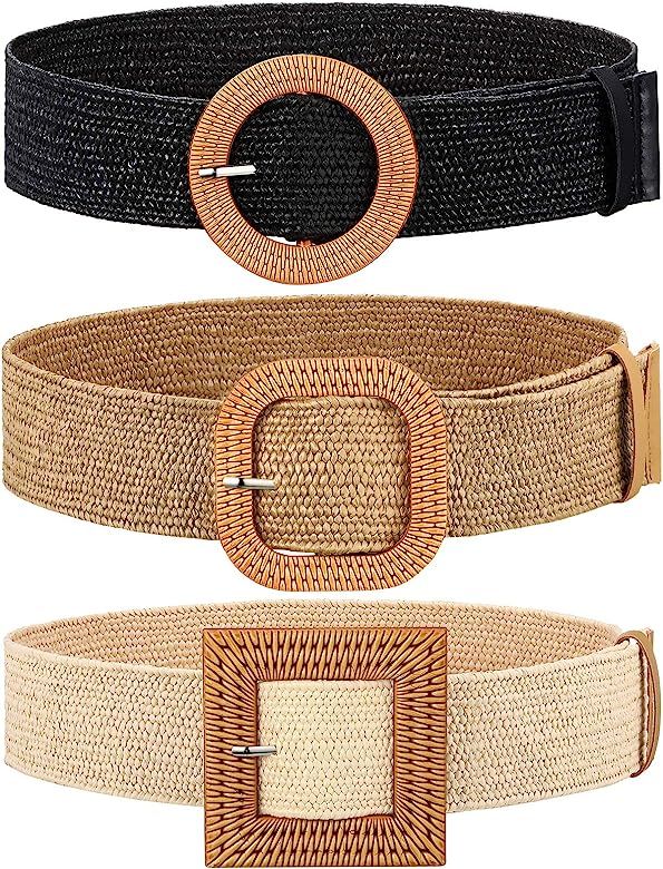 3 Pieces Straw Woven Elastic Waist Belt for Women Bohemian Dress Braided Belt | Amazon (US)