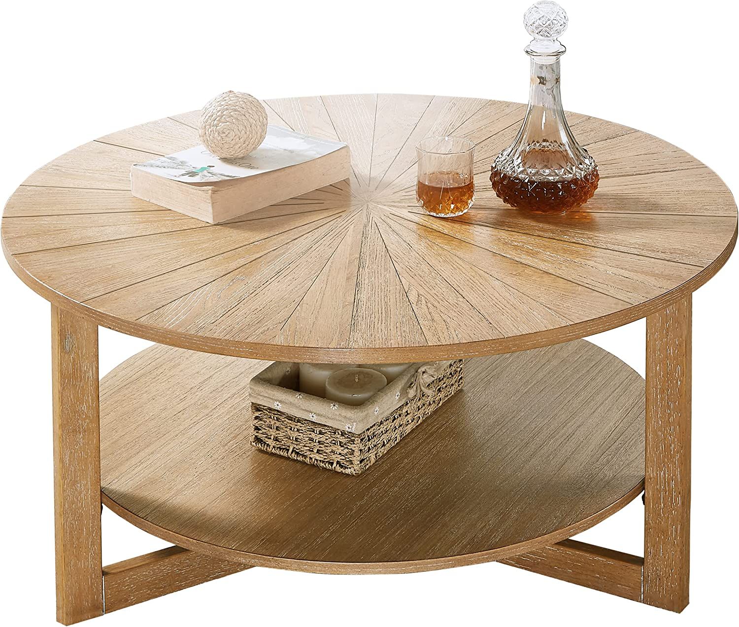DS-HOMEPORT Round Coffee Table with Open Storage 2-Tier Central Rustic Wood Circle Coffee Table f... | Amazon (US)
