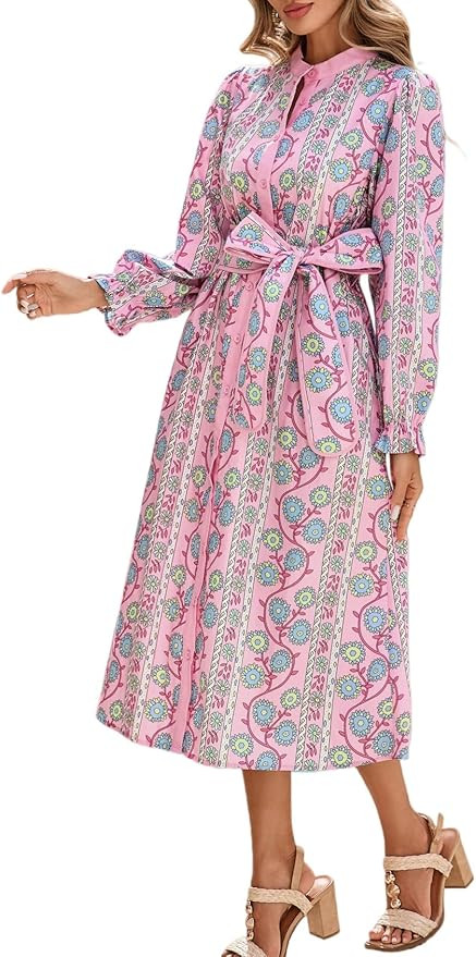 Women Floral Midi Dress Long Sleeve Button Down Shirt Dress with Belt | Amazon (US)