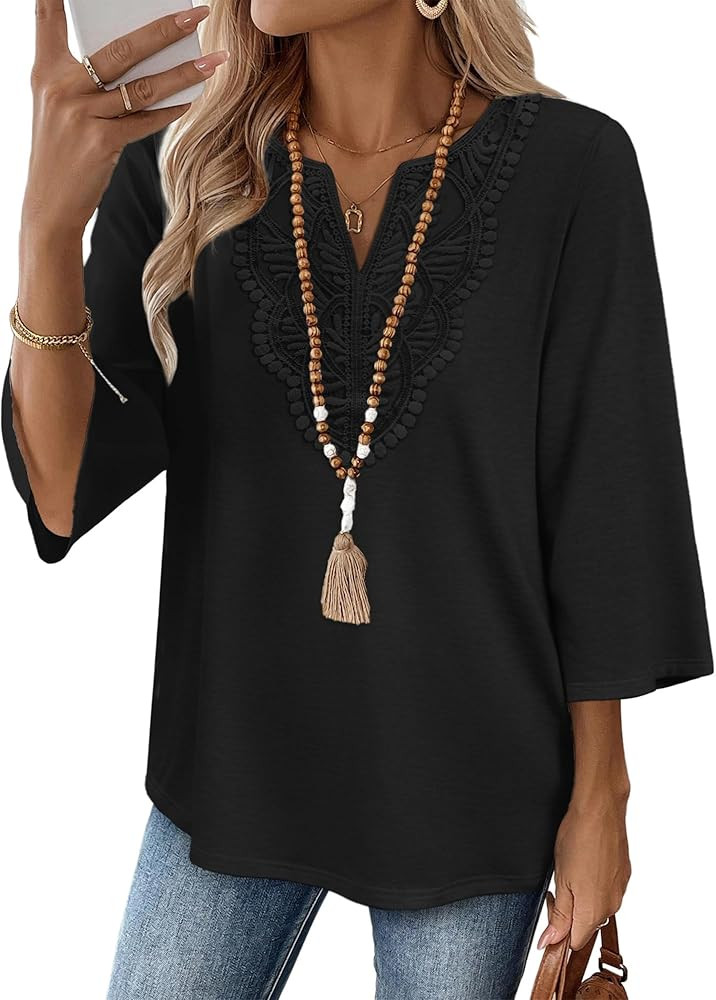 WIHOLL 3/4 Length Sleeve Womens Tops Boho V Neck Lace Shirt Trendy Blouses Dressy Casual Vacation... | Amazon (US)