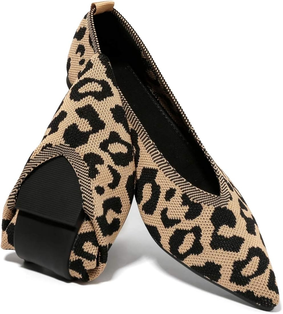 Slocyclub Flat Shoes for Women Classic Pointed Toe Slip On Ballet Shoes Knited Texture Black Leop... | Amazon (US)