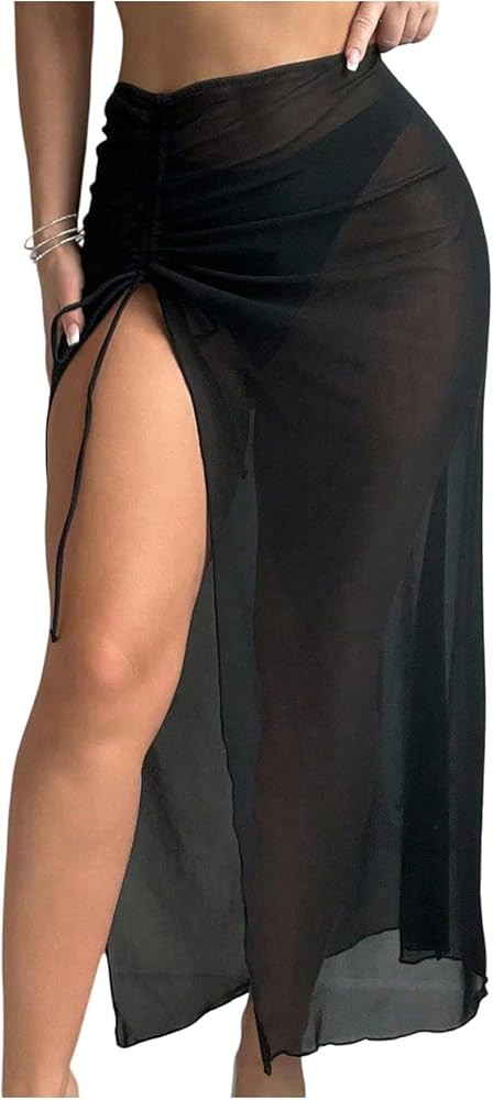 Milumia Women's Sheer Mesh Swim Skirt Cover Up Drawstring High Slit Swimsuit Coverup Skirts | Amazon (US)