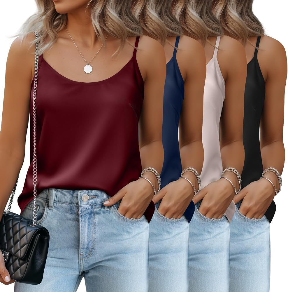 4 Pack Women's Silk Satin Tank Tops Camisole Sleeveless Spaghetti Adjustable Straps Vest Crewneck... | Amazon (US)