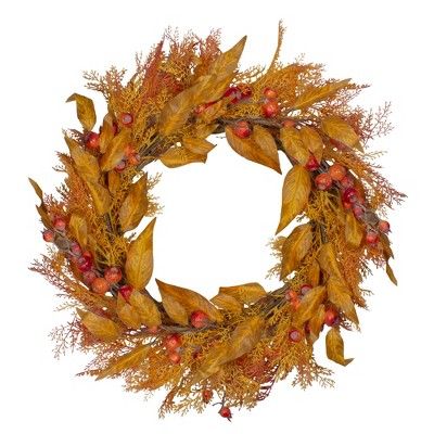 Northlight Yellow and Orange Berry and Leaves Fall Harvest Artificial Wreath - 24-Inch, Unlit | Target