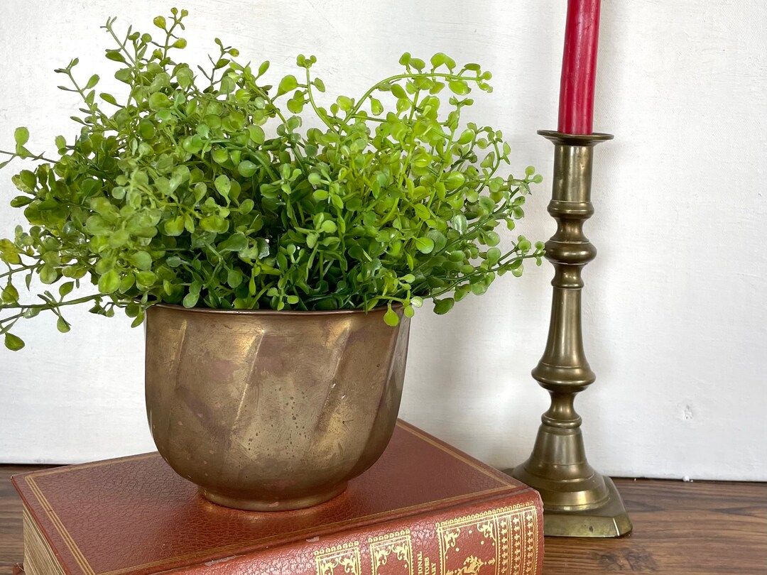 Brass Planter Pot With Swirl Ribbed Details and Pedestal Base - Etsy | Etsy (US)