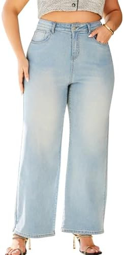 High Waisted Wide Leg Jeans for Women Plus Size Baggy Jeans Stretchy Straight Leg Denim Pants Hig... | Amazon (US)