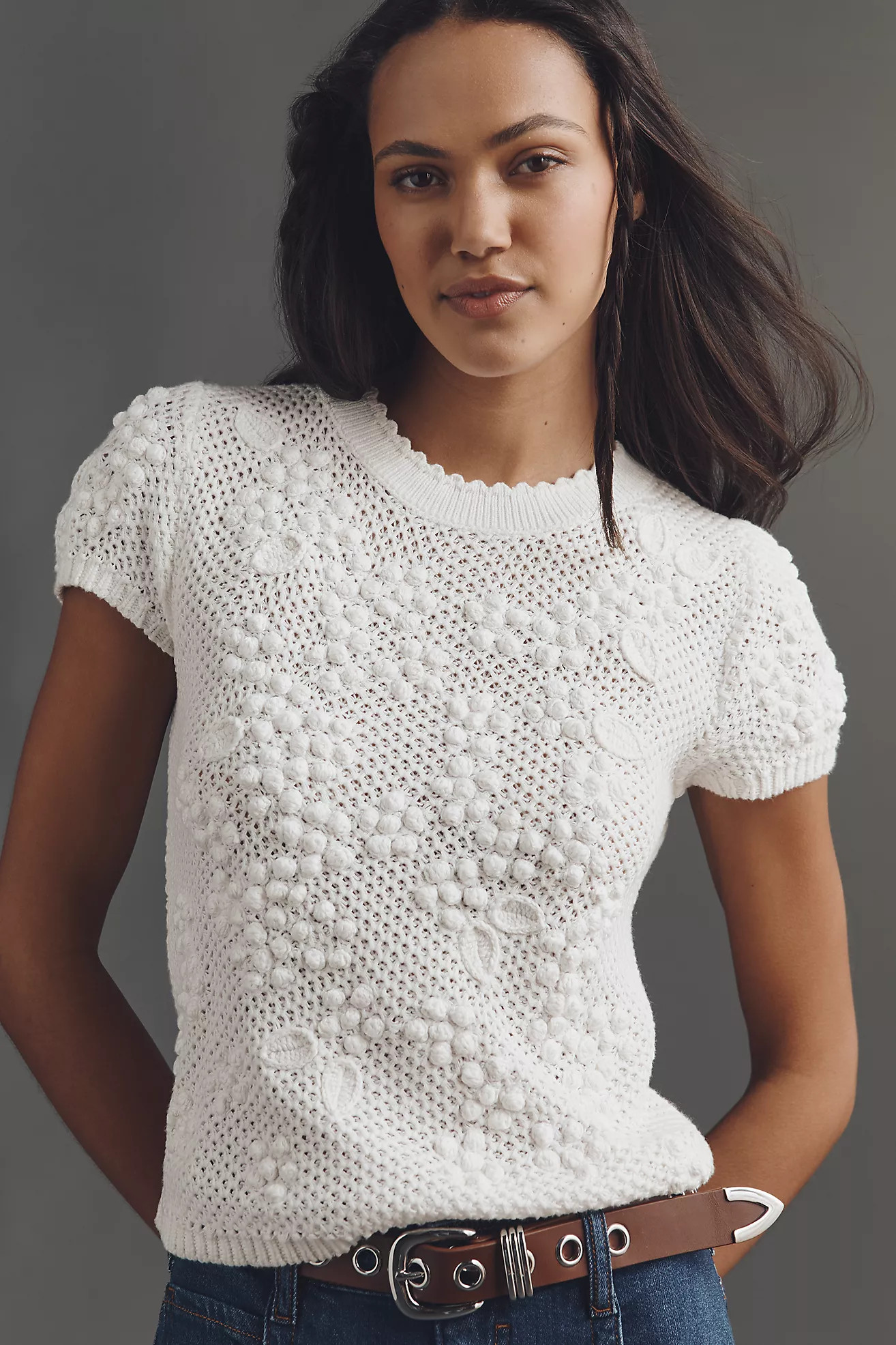 By Anthropologie 3D Floral Short-Sleeve Crew-Neck Sweater | Anthropologie (US)