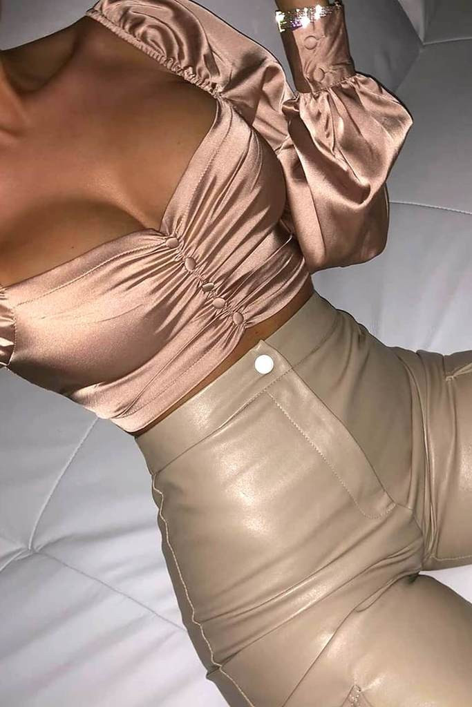 Stone Premium Satin Puff Sleeve Button Detail Crop Top | ISAWITFIRST