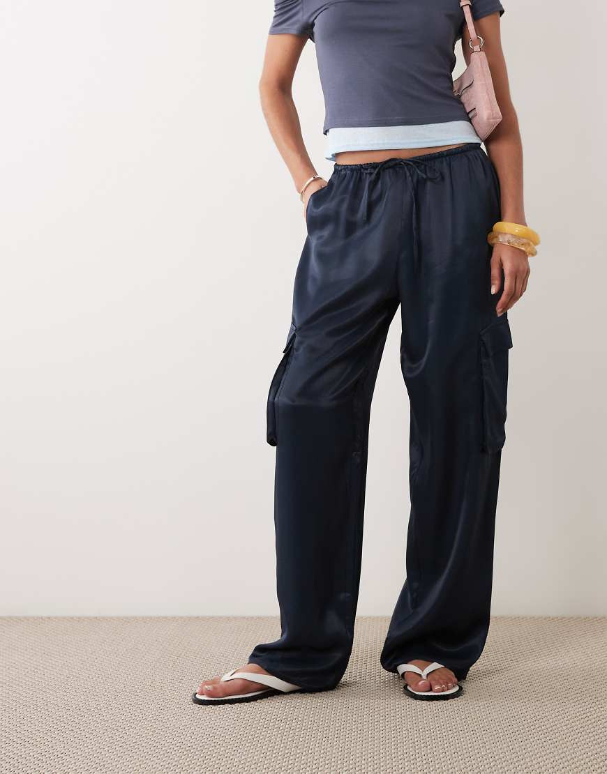 ASOS DESIGN satin utility cargo pocket trouser in navy co ord | ASOS (Global)