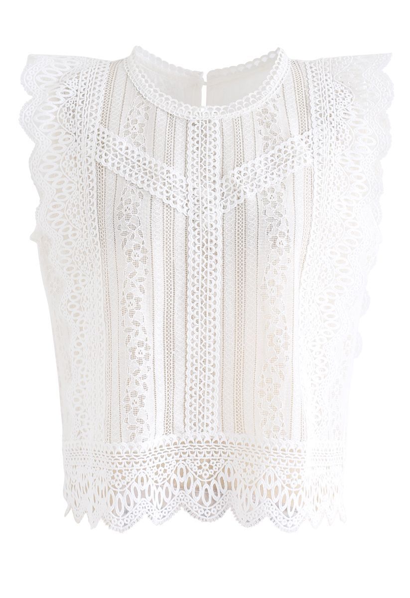 Crochet Trim Sleeveless Lace Top in White | Chicwish
