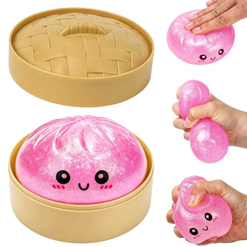 Glitter Dumpling Squishy Toy, Stretchable Squishies Dumpling Squeeze Stress Balls with Food Steaming Box, Fidget Squishy Squeeze Toys for Holiday & Birthday Gifts (Pink) | Amazon (US)