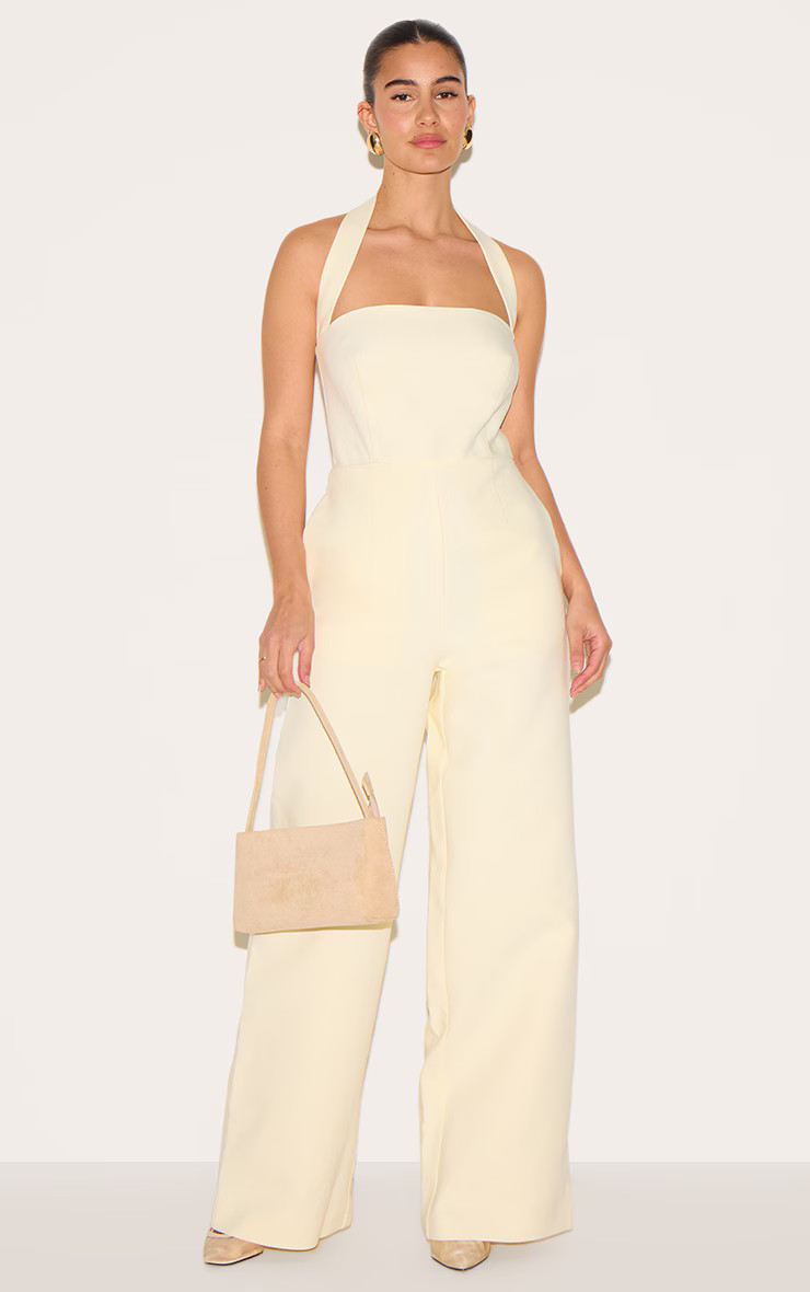 Butter Yellow Premium Woven Halterneck Straight Leg Jumpsuit | PrettyLittleThing US