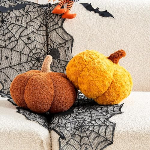 Lfsaaj Halloween Pumpkin Pillow, 2 Pcs Cute Pumpkin Shaped Throw Pillow, Fall Room Decor 3D Pumpkin Plush Pillow for Halloween Thanksgiving Bedroom Sofa Couch(11 inch, Brown+Turmeric) | Amazon (US)